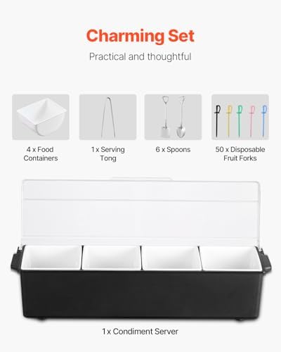 VEVOR Chilled Condiment Server, 4 Compartment Ice Cooled Condiment Serving Container, Chilled Garnish Tray Bar Caddy with Lid, for Bartending & Serving Taco, Salad, Fruit, Home & Restaurant Supplies - Image 5