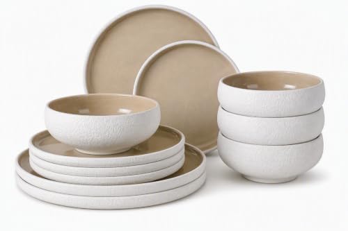 Gibson Elite Pacifico Beach 12-Piece Stoneware Dinnerware Set, Reactive Glaze Plates & Bowls, Taupe, Artisan Stone-Textured Exterior by GibsonHomewares