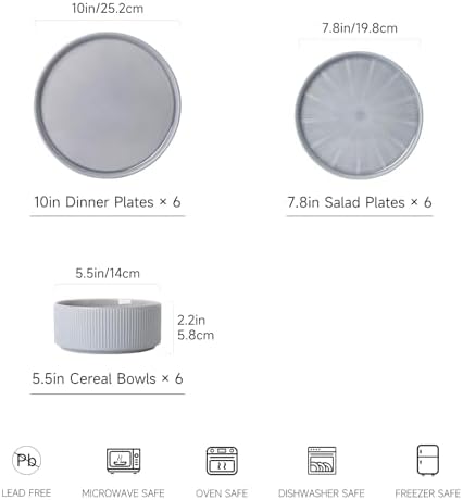Stoneware Dinnerware Sets for 6, 18-Piece Plates and Bowls Set, Smoky Blue - Image 2