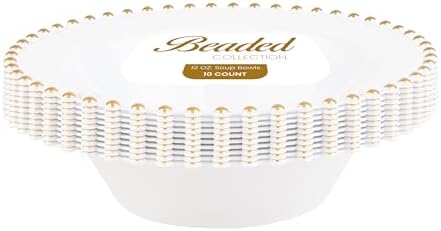 PLASTICPRO 32 Piece Plastic Dinner Plates Bowls Disposable Plastic Fancy Heavy Duty Party Dishes 12 oz White and Gold Bead Bowls - Image 4