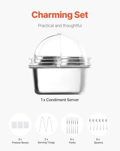 VEVOR Countertop Food Serving Display Container, 5 Pan Stainless Steel Food Serving Tray, Buffet Condiment Dispenser Display Rack with Clear Lid & 3 Freezer Boxes, for Restaurant Hotel Kitchen Party - Image 5