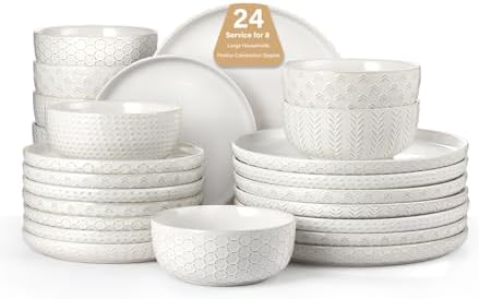 24 Piece Dinnerware Sets for 8 - Farmhouse Style Stoneware Plates and Bowls Sets - Scratch Resistant & Dishwasher Safe, Embossed Boho Ceramic Dish Set, Stack Compactly Dishware - Ivory White by Lareina