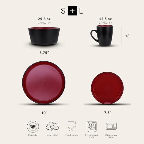 Stone Lain Albie Stoneware 32 Piece Modern Dinnerware Set, Plates and Bowls Sets, Service for 8, Red and Black, Microwave & Dishwasher Safe - Image 4