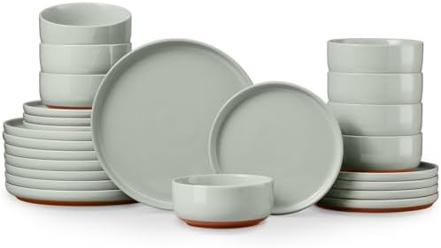 E-far Plates and Bowls Sets, 24Pcs Stoneware Ceramic Dinnerware Dishes Sets by E-far