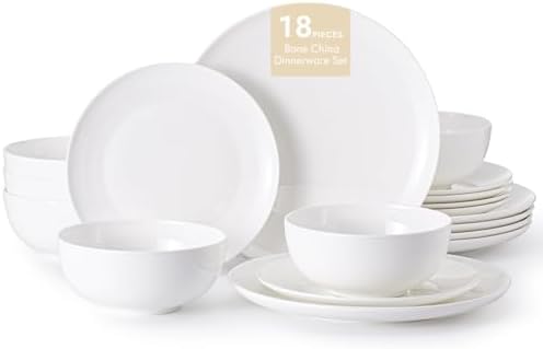 KINGSTONE Bone China Dinnerware Set for 6, 18-Piece Plates and Bowls Set by KINGSTONE