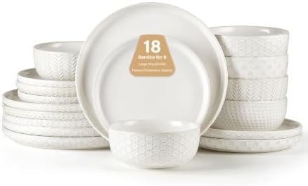 Lareina 18 Piece Dinnerware Sets for 6, Farmhouse Style Stoneware Plates and Bowls Sets, Embossed Boho Ceramic Dish Set, Scratch Resistant & Dishwasher Safe, Ivory White by Lareina