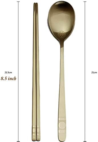 [5 Sets] [Made in Korea] Korean Sticky Rice Spoon Chopsticks Set Gold Titanium Plating 304 Stainless Steel Tableware Cutlery Set Mukbang Chopsticks (Korean Apricot Blossom TITANIUM, 5 Sets) - Image 4
