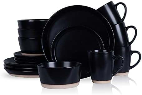 Stone Lain Jules Stoneware 16-Piece Dinnerware Set, Plates and Bowls, Service for 4, Black, Microwave & Dishwasher Safe - Image 3