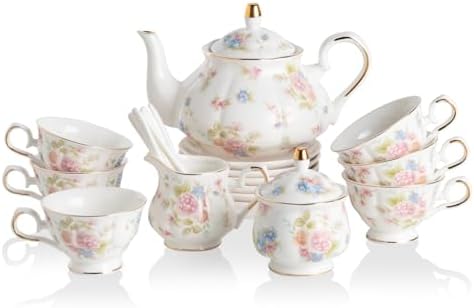 Sweejar Porcelain Tea Set Vintage Floral, British Relief Gold Rim Teapot Cup and Saucer Sets, 22-Piece Tea Sets for Adults, with Teapot, Sugar Bowl, Milk Jug, Spoons, Cup and Saucer (Small Flower) by Sweejarco1949