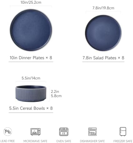 Stoneware Dinnerware Sets for 8, 24Pcs Plates and Bowls Set, Matte Blue - Image 2