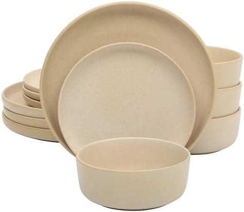Gibson Elite Pasco 12 Piece (Service for 4) Plates and Bowls Reactive Glaze Dishes Stoneware Ceramic Dinnerware Set - Taupe by GibsonHomewares