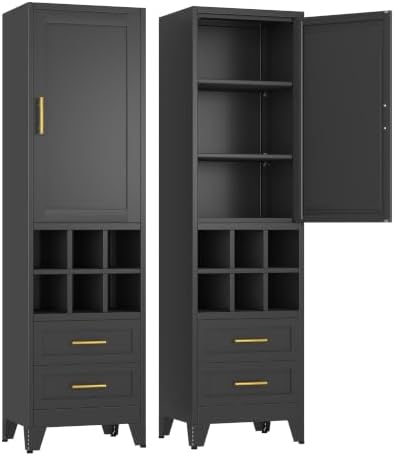 Ckzbx Tall Narrow Storage Cabinet, 66.93" H Tall Bathroom Cabinet Metal Pantry Cabinets with Hollowed-Out, 3 Adjustable Shelves, for Kitchen, Bathroom, Home Office, Living Room (Black) by Ckzbx