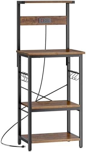 SUPERJARE 4 Tier Bakers Rack with Power Outlets, Microwave Stand with Adjustable Shelf, Kitchen Shelf Organizer for Small Space, Coffee Bar with 6 S Hooks, Kitchen Storage Rack, Rustic Brown by SUPERJARE