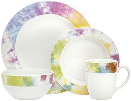 Godinger Dinnerware Set Tie Dye Edge Dinner, Salad Plate, Soup Bowl, and Mug- Bone China - 16 Piece set by Godinger
