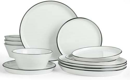 Famiware Saturn Dinnerware Sets, Ceramic Plates and Bowls for 4 with Trim by Famiware