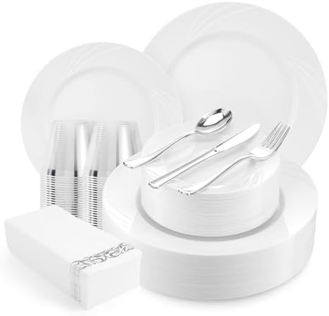 350-Piece White Swirls Plastic Dinnerware Set for 50 Guests, Elegant Disposable Dinnerware for Party, Wedding. Includes 10.25" Dinner Plates, 6.5" Dessert Plates, Silverware, Napkins, Cups by VajilaPhil