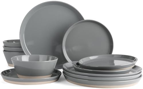 Famiware Saturn Dinnerware Sets for 4, 12 Pieces Stoneware Plates and Bowls Dish Set - Chip and Scratch Resistant, Microwave and Dishwasher Safe Tableware, Dark Gray by Famiware