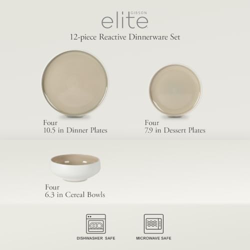 Gibson Elite Pacifico Beach 12-Piece Stoneware Dinnerware Set, Reactive Glaze Plates & Bowls, Taupe, Artisan Stone-Textured Exterior - Image 2
