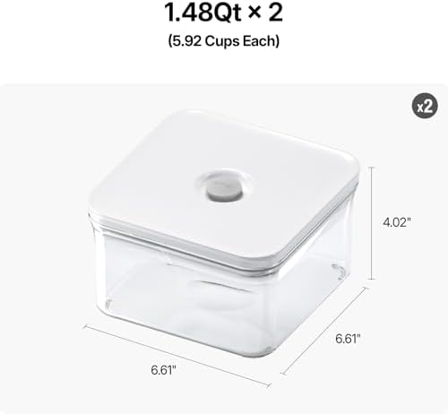 VAKUEN Premium Airtight Food Storage Containers, Square 2PC/Set(1.48qt/1.5Lx2pcs), Smart One-Click Seal Lid, No Hinges, 100% Leak Proof, BPA-FREE, Dishwasher, Freezer & Microwave Safe - Image 2