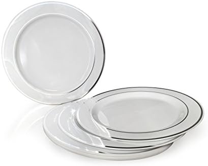 OCCASIONS 120 Plates Pack,(60 Guests) Heavyweight Premium Wedding Party Disposable Plastic Plates Set -60 x 10.5'' Dinner + 60 x 7.5'' Salad/Dessert (White & Silver Rim) - Image 2