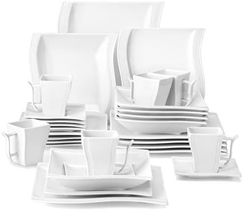 MALACASA Ivory White Dinnerware Sets, 30-Piece Porcelain Plates and Bowls Sets, Modern Dish Set for 6, Square Plates Dinnerware Set Kitchen Dishware Sets, Microwave and Dishwasher Safe, Series Flora by MALACASA