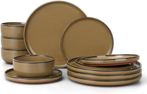 E-far Stoneware Dinnerware Sets for 4, 12 Pieces Reactive Glaze Plates and Bowls Sets, Elegant Dishes with Rustic Terracotta Base, Dishwasher & Microwave Safe, Scratch Resistant, Deep Camel by E-far