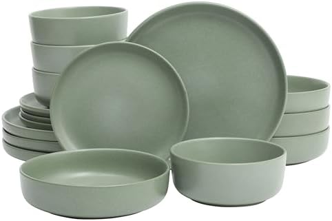 Gibson Elite Pasco 16 Piece (Service for 4) Plates and Bowls Double Bowl Reactive Glaze Dishes Stoneware Ceramic Dinnerware Set - Green by GibsonHomewares