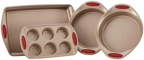 Rachael Ray Cucina Bakeware Set Includes Nonstick Cake Cookie Baking Sheet and Muffin Cupcake Pan, 4 Piece, Latte Brown with Cranberry Red Grips - Image 6