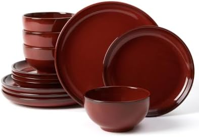 Pokini Stoneware Dinnerware Sets for 4, 12pcs Plates and Bowls Sets Dishes by Pokini