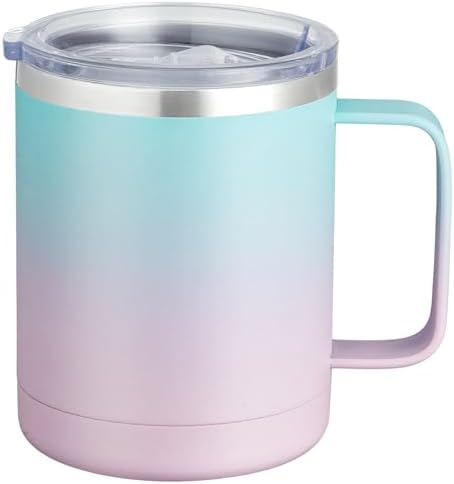 MEWAY 12oz Coffee Mug With Handle and Sliding Lid,Stainless Steel Travel Tumbler Cup with Handle,Double Wall Vacuum Insulated Camping Cup for Hot & Cold Drinks Tea (Bubble Gum,Set of 1) by MEWAY