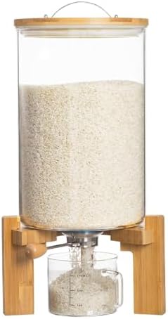 Rice Dispenser, Rice Storage Container, Flour and Cereal Container for Kitchen Organization and Pantry Store, Glass Cereal dispenser with Airtight Lid and Wooden Stand 8L by Aprilhp
