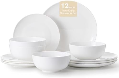 KINGSTONE Bone China Dinnerware Set for 4, 12-Piece Plates and Bowls Set by KINGSTONE