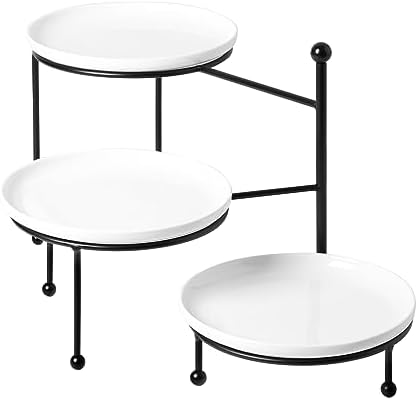 Kanwone 3 Tiered Serving Stand with White Porcelain Plates, Tiered Tray Stand, Dessert Table Display Set, 8" x 8" Tier Serving Trays with Black Metal Stand for Entertaining, 3 Tier Dessert Stand by Kanwone
