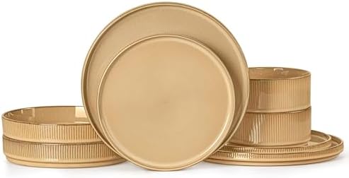 LIANYU 8 Piece Dinnerware Plates and Bowls for 2, Ceramic Elegant Stoneware Dishes Sets with Pasta Bowls, Modern Ribbed Dining Ware Dishware for Restaurant Wedding, Dishwasher Safe, Dune Khaki by LIANYU