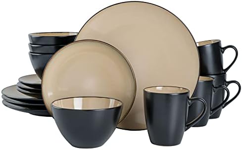 Gibson Elite Soho Lounge 16-Piece Round Reactive Glaze Stoneware Dinnerware Set, Service for 4 – Taupe Plates and Bowls by GibsonHomewares