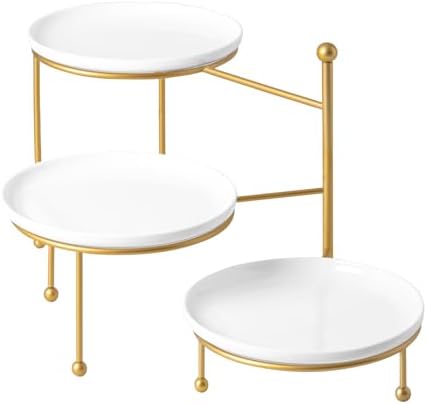 Kanwone 3 Tiered Serving Stand with White Porcelain Plates, 10.3" Round Tray, Dessert Table Display Set, Gold Metal Stand, Versatile & Durable by Kanwone