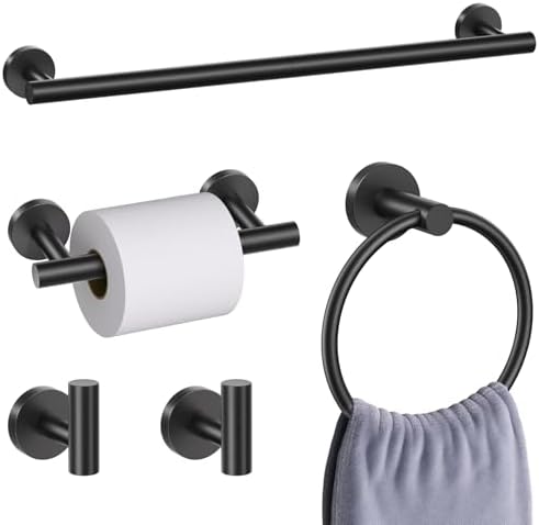 5 Pieces Matte Black Bathroom Hardware Accessories Set, Bathroom 23.6 Inch Towel Bar Set Stainless Steel Toilet Paper Holder Round Towel Racks for Bathroom Wall Mounted by SOAEZ