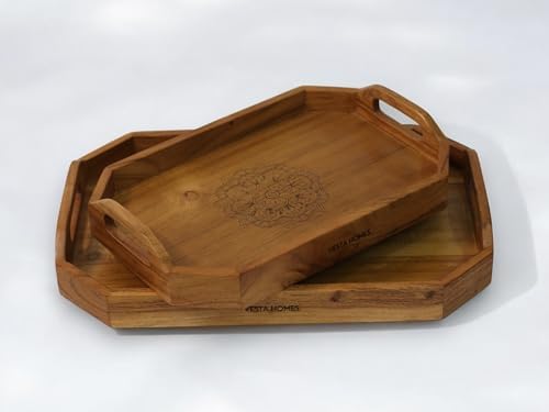 Vesta Homes Set of 2 Zak Acacia Wood Rectangular Serving Tray for Home/Kitchen/Restaurant/Office Organizer/Dining Table|Premium Wooden Trays|48 X 33 ; 40 x 27 cm | Handcrafted in India by VESTAHOMES
