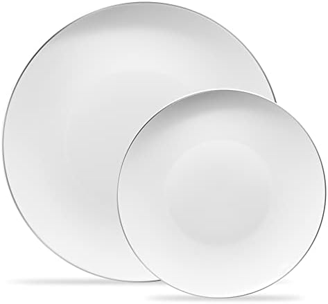 Plasticpro 128 Piece Combo Plates Set includes 64-7'' inch Plates & 64-10'' inch Plates White Plates with Silver Rim Plastic PartyPlates Premium heavyweight Elegant, Disposable, Tableware, Dishes, by PLASTICPRO
