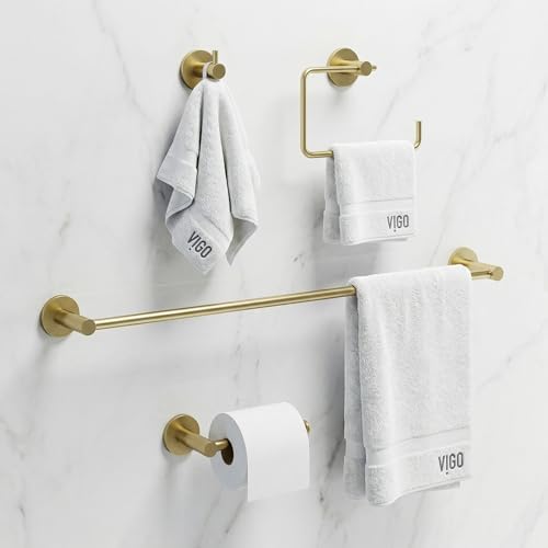 VIGO Cass 4 Pieces Bathroom Hardware Set, 24 inch Towel Bar, Hand Towel Holder, Robe Towel Hook, Toilet Paper Holder Wall Mounted, Stainless Steel Bath Accessory Set Matte Brushed Gold Finish - Image 3