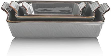 KOOV Bakeware Set, Ceramic Baking Dish Set, Rectangular Casserole Dish Set, Lasagna Pans for Cooking, Cake Dinner, Kitchen, 9 x 13 Inches, Texture Series 3-Piece (Grey) by KOOV