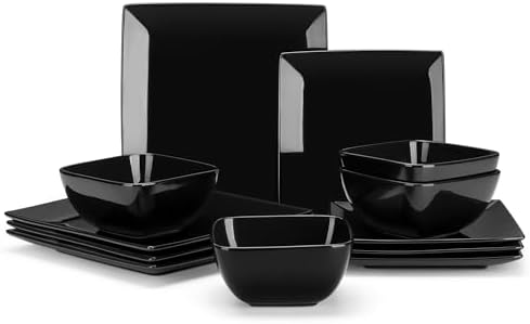 vancasso Soho Dinnerware Sets 12 Pieces, Black Stoneware Square Place Setting, Plates and Bowls Sets, Dinner Plate, Dishes Set for 4 by vancasso