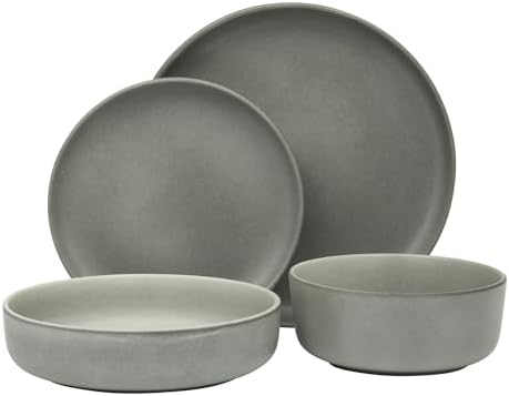 Gibson Elite Pasco 16 Piece (Service for 4) Plates and Bowls Double Bowl Reactive Glaze Dishes Stoneware Ceramic Dinnerware Set - Grey - Image 5