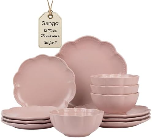 Sango 12 Pieces Scalloped Dinnerware Set, Modern Pink Dishes for 4, Premium Serving Plates & Bowls Sets, Chip Resistant, Blush Ceramic Dishware, Kitchen Dish, Microwave & Dishwasher Safe, Bethany by Sango
