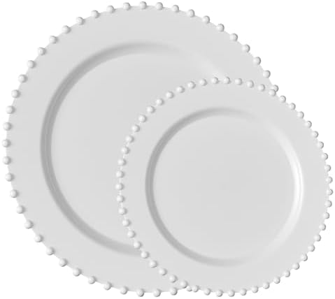 PLASTICPRO 32 Piece Combo Plastic Dinner Plates Disposable Plastic Fancy Heavy Duty Party Dishes 7 inch and 10 inch, White Beaded by PLASTICPRO