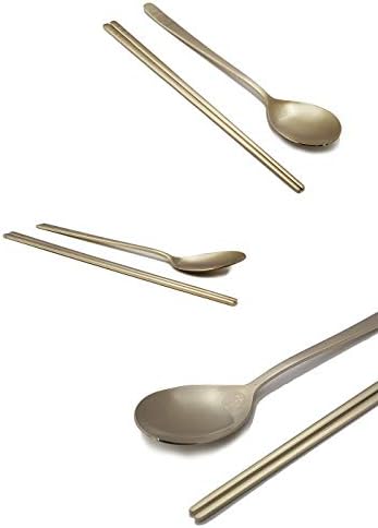 [5 Sets] [Made in Korea] Korean Sticky Rice Spoon Chopsticks Set Gold Titanium Plating 304 Stainless Steel Tableware Cutlery Set Mukbang Chopsticks (Korean Apricot Blossom TITANIUM, 5 Sets) - Image 3