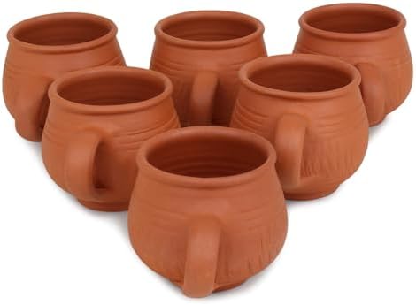 KSI Handcrafted Mitti Clay Tea Cups Set Natural Earthen Kulhad Chai ke Cups Handmade, Eco-Friendly & Non-Toxic Unglazed Traditional Indian Clay Serveware Set of 6 (Brown, 120 ml Each) by KSI