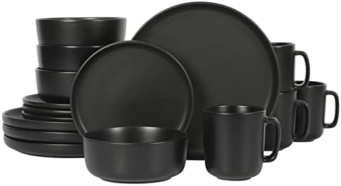 Gibson Home Zuma Stoneware Plates, Bowls, & Mugs Dinnerware Set - Matte Black, Service for Four (16pcs) by GibsonHomewares
