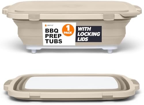 Drip EZ Collapsible BBQ Prep Tub - For Meal Prep, Marinating, Food Storage - Includes Cutting Board & Locking Lid - (1) XL - Sandstone by DripEZ