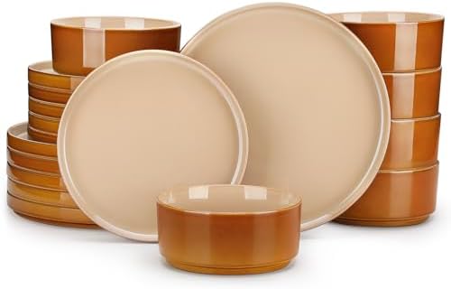 vancasso ONION Ceramic Plates and Bowls Sets, 18 Pieces Brown Dinnerware Sets for Kitchen, Reactive Glaze Dishes Set for 6, Dishwasher and Microwave Safe by vancasso